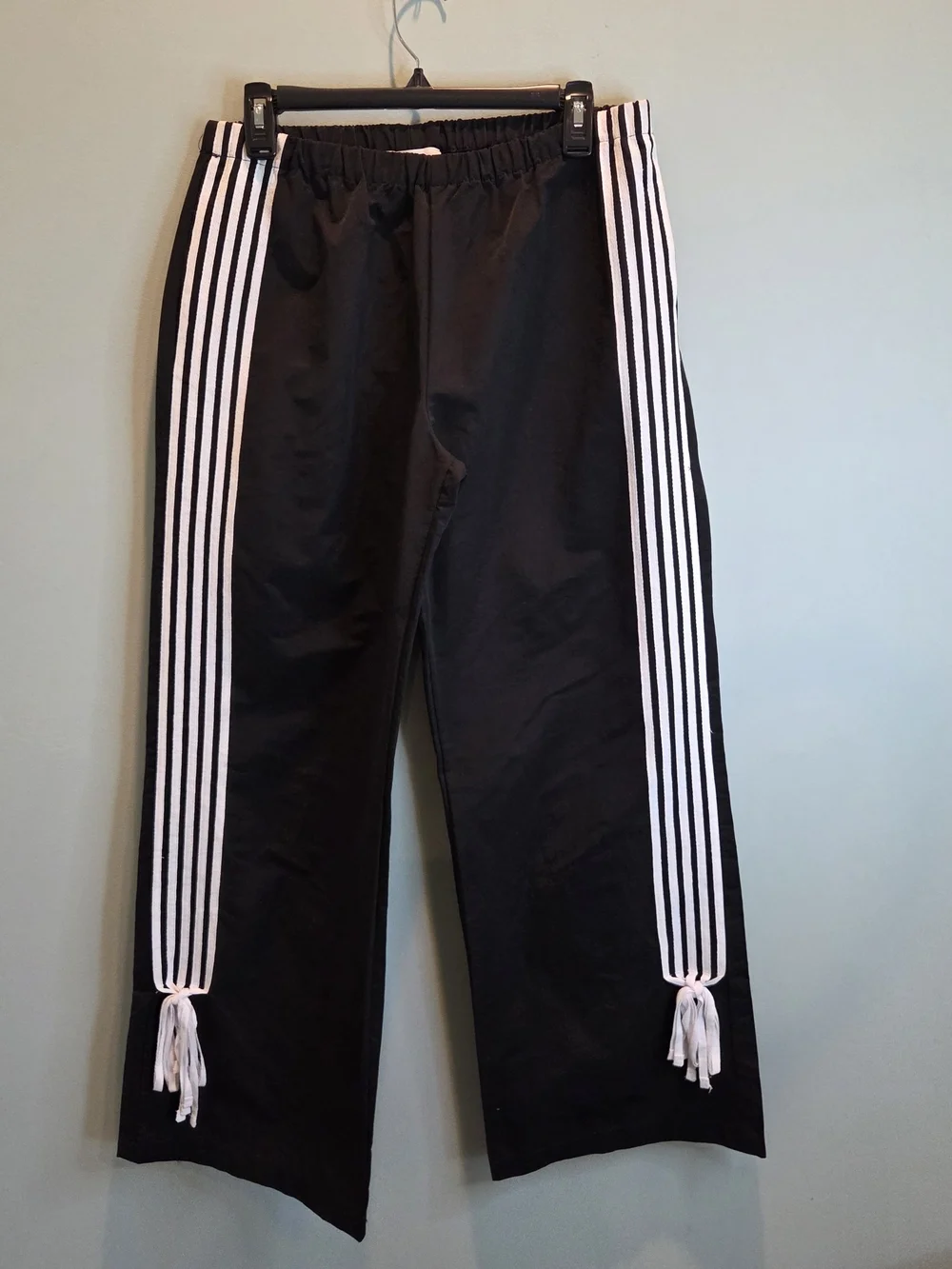 Cali 1850 Los Angeles Black Track Pants White Stripe Side Tie Wide Leg Size M - Picture 2 of 11